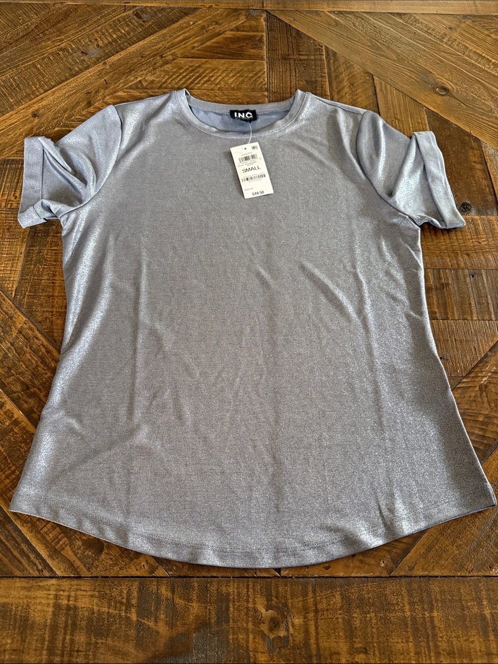 INC Metallic Silver Short Sleeve Tee Women’s Small Shimmer Top Party
